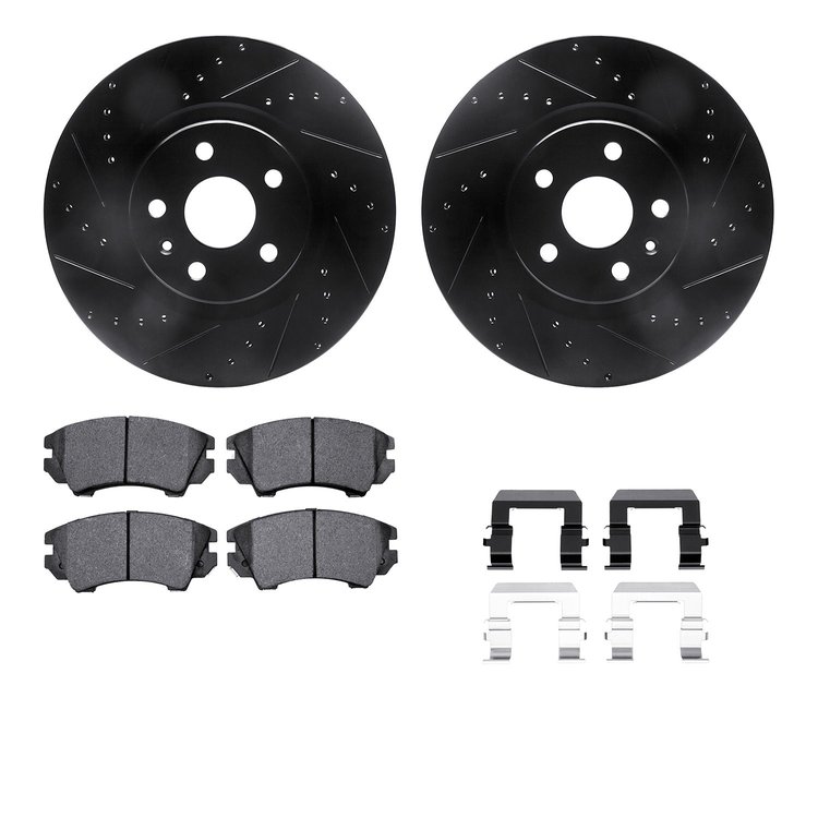 8312-46047 Drilled/Slotted Brake Rotors with 3000-Series Ceramic Brake Pads Kit & Hardware [Black], 2011-2017 GM, Position: Fron