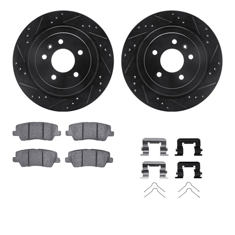 8312-46056 Drilled/Slotted Brake Rotors with 3000-Series Ceramic Brake Pads Kit & Hardware [Black], 2013-2019 GM, Position: Rear