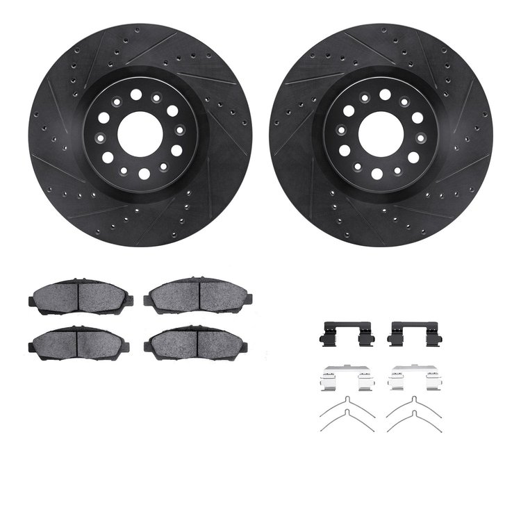 8312-46057 Drilled/Slotted Brake Rotors with 3000-Series Ceramic Brake Pads Kit & Hardware [Black], 2017-2020 GM, Position: Fron