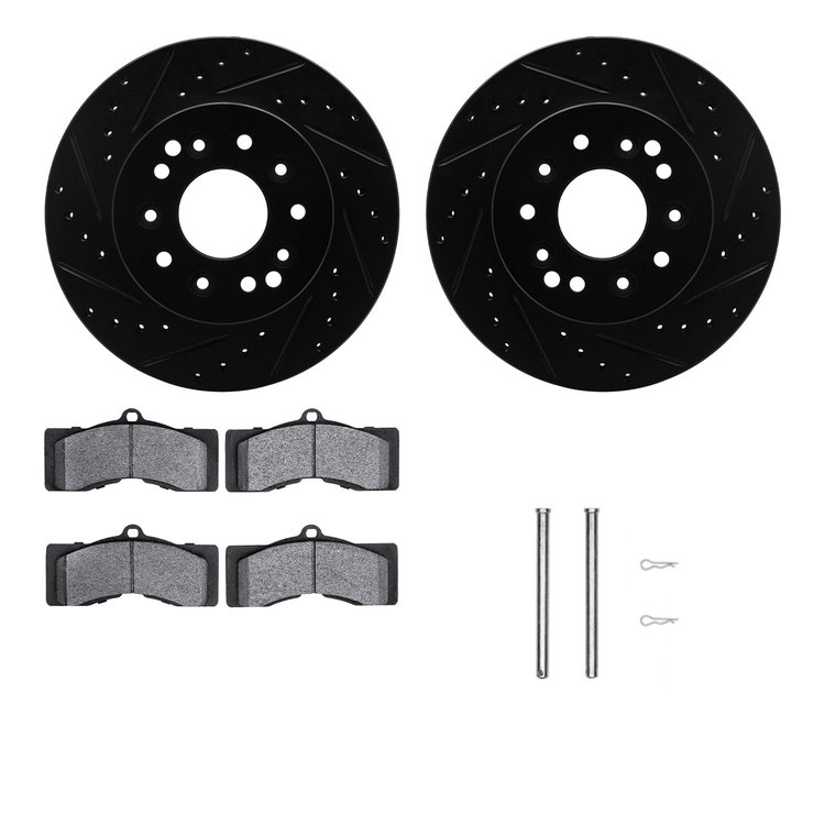 8312-47002 Drilled/Slotted Brake Rotors with 3000-Series Ceramic Brake Pads Kit & Hardware [Black], 1963-1982 GM, Position: Fron