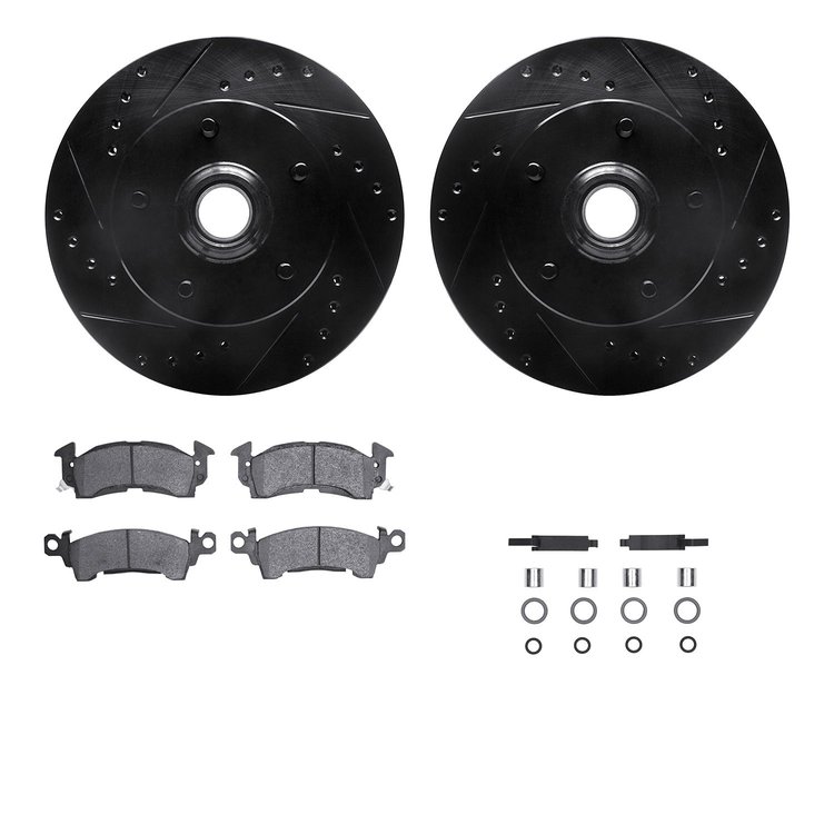 8312-47004 Drilled/Slotted Brake Rotors with 3000-Series Ceramic Brake Pads Kit & Hardware [Black], 1969-1974 GM, Position: Fron