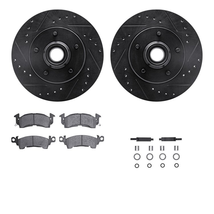 8312-47005 Drilled/Slotted Brake Rotors with 3000-Series Ceramic Brake Pads Kit & Hardware [Black], 1970-1981 GM, Position: Fron