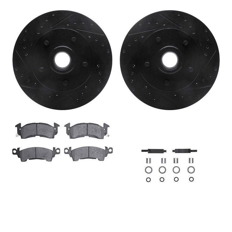 8312-47009 Drilled/Slotted Brake Rotors with 3000-Series Ceramic Brake Pads Kit & Hardware [Black], 1969-1996 GM, Position: Fron