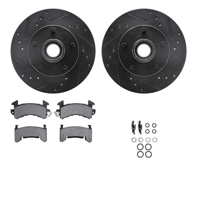 8312-47015 Drilled/Slotted Brake Rotors with 3000-Series Ceramic Brake Pads Kit & Hardware [Black], 1982-1995 GM, Position: Fron