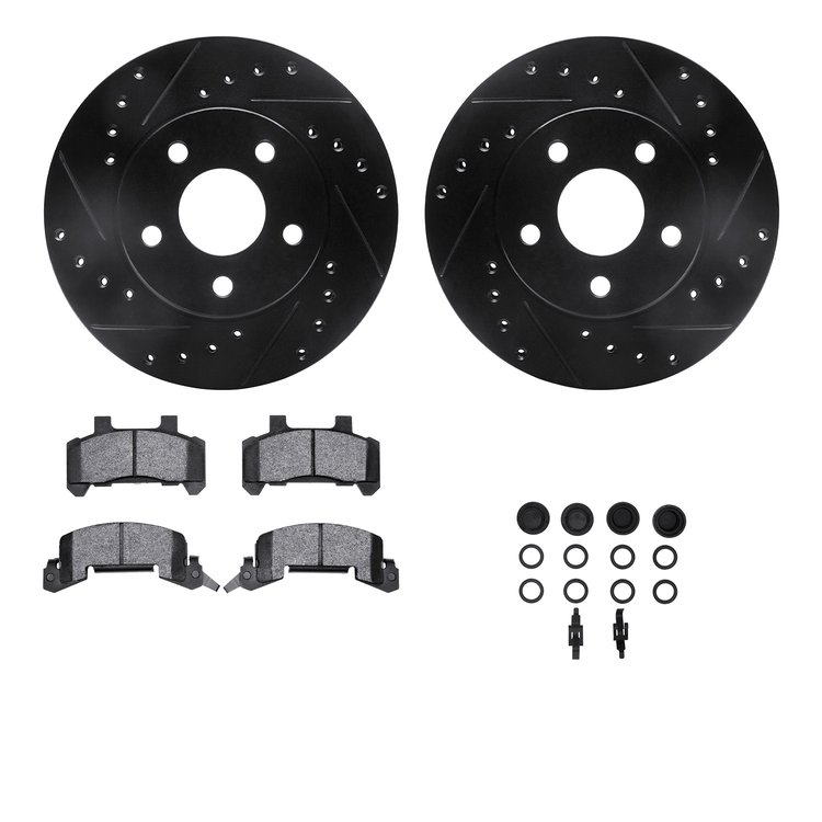 8312-47021 Drilled/Slotted Brake Rotors with 3000-Series Ceramic Brake Pads Kit & Hardware [Black], 1985-1989 GM, Position: Fron