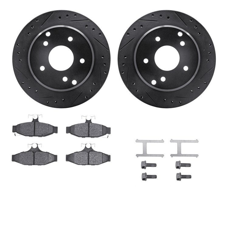 8312-47024 Drilled/Slotted Brake Rotors with 3000-Series Ceramic Brake Pads Kit & Hardware [Black], 1984-1987 GM, Position: Rear