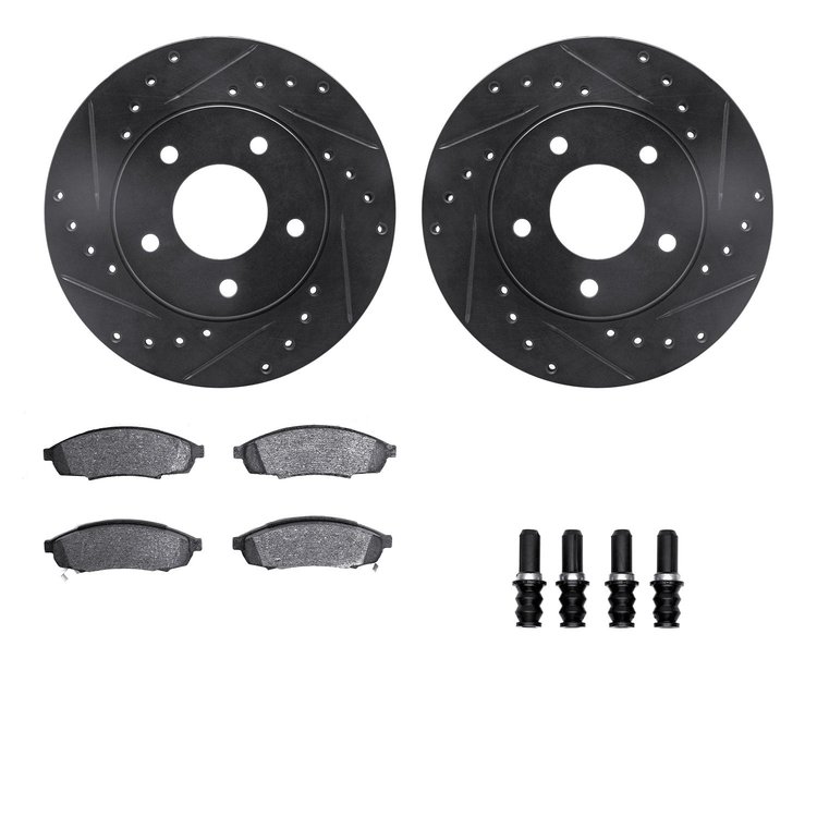 8312-47028 Drilled/Slotted Brake Rotors with 3000-Series Ceramic Brake Pads Kit & Hardware [Black], 1988-1996 GM, Position: Fron