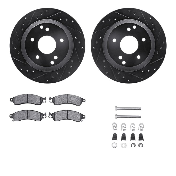 8312-47030 Drilled/Slotted Brake Rotors with 3000-Series Ceramic Brake Pads Kit & Hardware [Black], 1988-1994 GM, Position: Fron