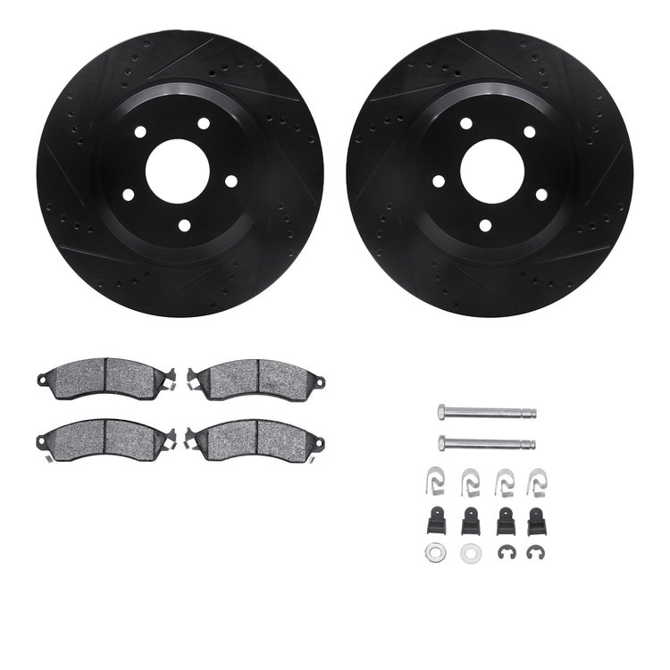8312-47031 Drilled/Slotted Brake Rotors with 3000-Series Ceramic Brake Pads Kit & Hardware [Black], 1988-1996 GM, Position: Fron