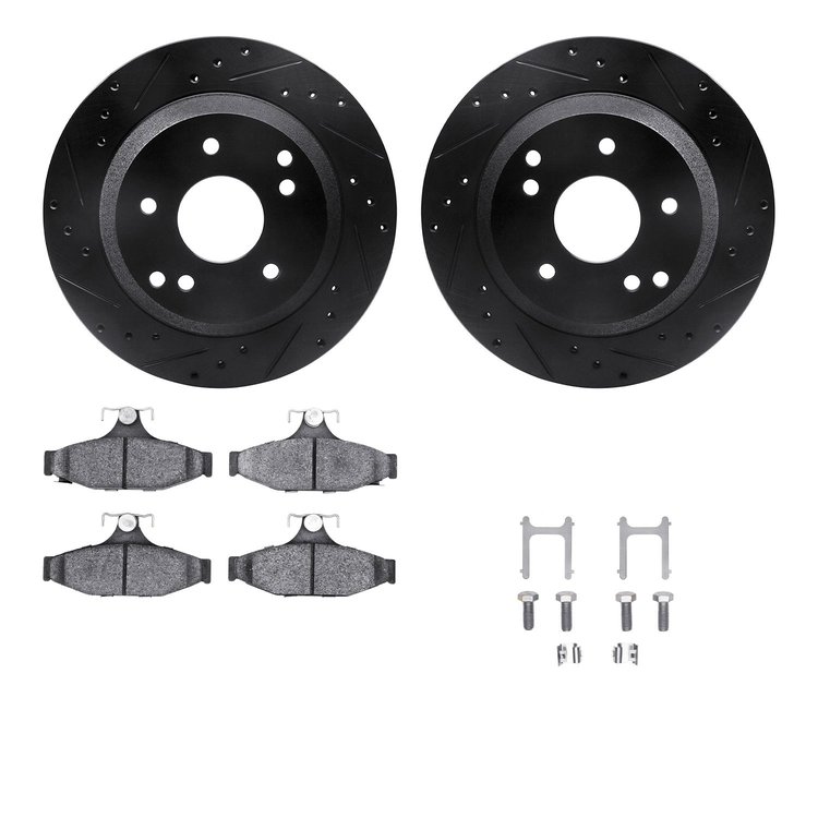 8312-47033 Drilled/Slotted Brake Rotors with 3000-Series Ceramic Brake Pads Kit & Hardware [Black], 1988-1996 GM, Position: Rear