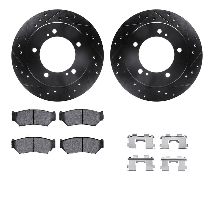 8312-47038 Drilled/Slotted Brake Rotors with 3000-Series Ceramic Brake Pads Kit & Hardware [Black], 1991-1998 GM, Position: Fron