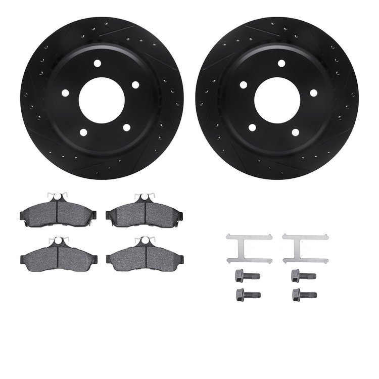 8312-47042 Drilled/Slotted Brake Rotors with 3000-Series Ceramic Brake Pads Kit & Hardware [Black], 1994-1996 GM, Position: Rear