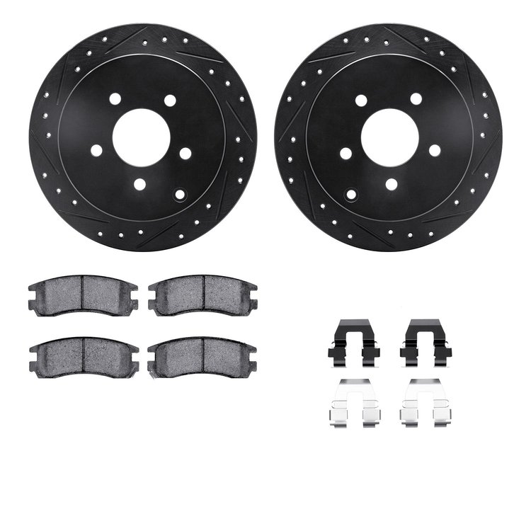8312-47043 Drilled/Slotted Brake Rotors with 3000-Series Ceramic Brake Pads Kit & Hardware [Black], 2001-2007 GM, Position: Rear