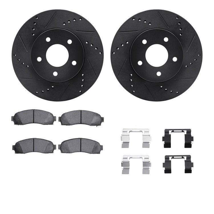8312-47046 Drilled/Slotted Brake Rotors with 3000-Series Ceramic Brake Pads Kit & Hardware [Black], 2002-2007 GM, Position: Fron