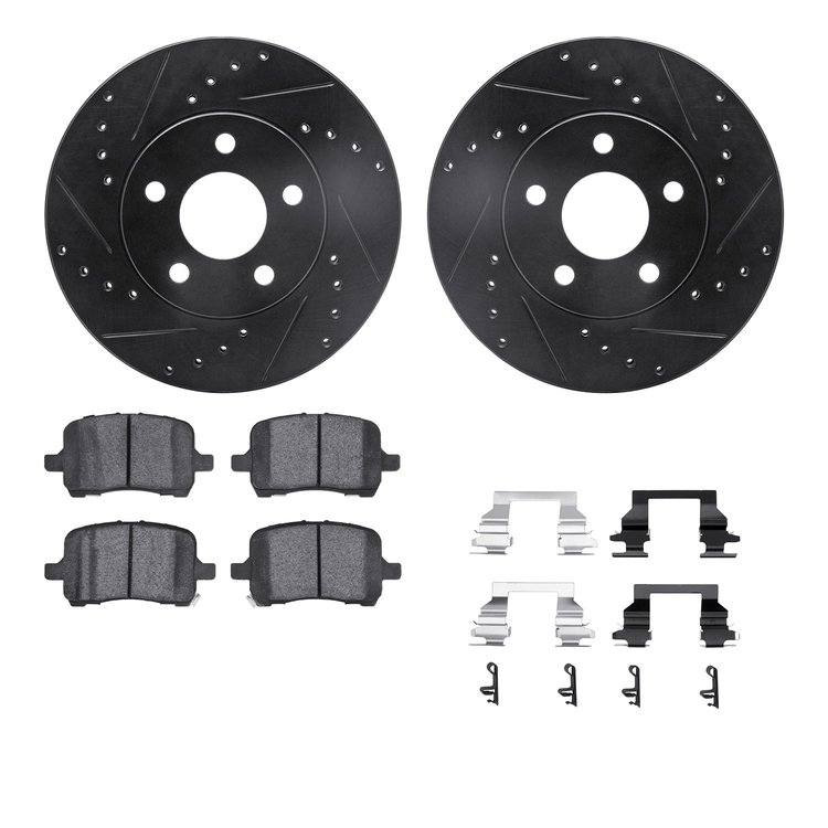8312-47051 Drilled/Slotted Brake Rotors with 3000-Series Ceramic Brake Pads Kit & Hardware [Black], 2004-2008 GM, Position: Fron