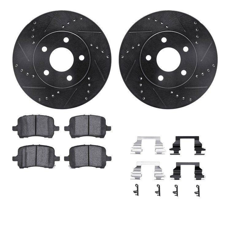 8312-47052 Drilled/Slotted Brake Rotors with 3000-Series Ceramic Brake Pads Kit & Hardware [Black], 2006-2011 GM, Position: Fron
