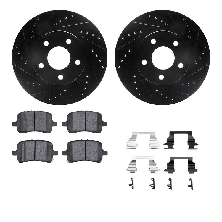 8312-47053 Drilled/Slotted Brake Rotors with 3000-Series Ceramic Brake Pads Kit & Hardware [Black], 2008-2008 GM, Position: Fron
