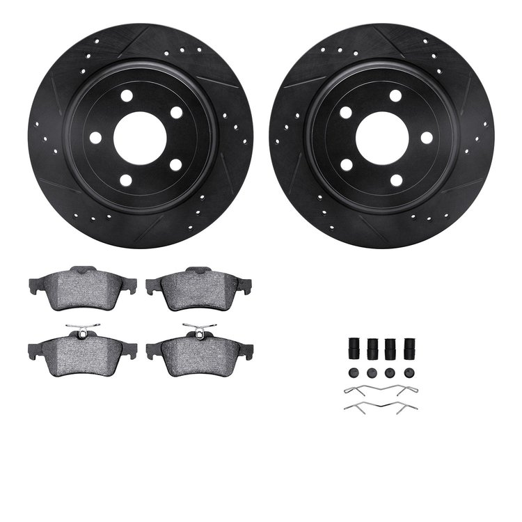 8312-47056 Drilled/Slotted Brake Rotors with 3000-Series Ceramic Brake Pads Kit & Hardware [Black], 2008-2010 GM, Position: Rear