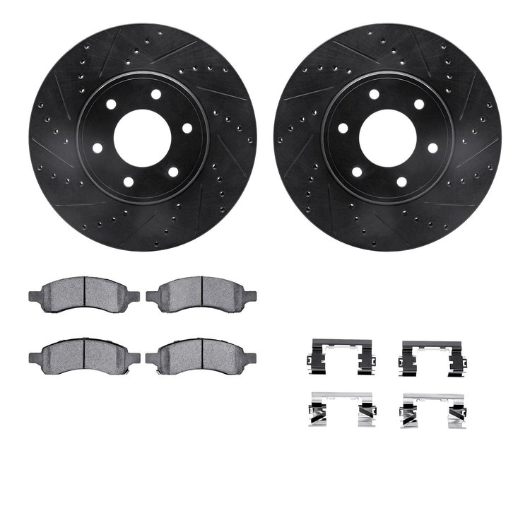 8312-47057 Drilled/Slotted Brake Rotors with 3000-Series Ceramic Brake Pads Kit & Hardware [Black], 2006-2009 GM, Position: Fron
