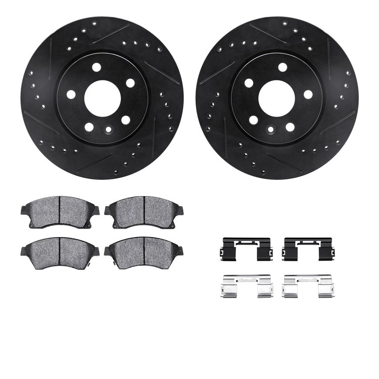 8312-47065 Drilled/Slotted Brake Rotors with 3000-Series Ceramic Brake Pads Kit & Hardware [Black], 2011-2017 GM, Position: Fron