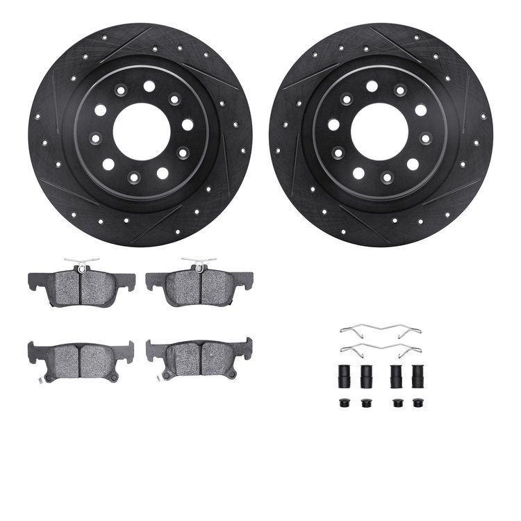 8312-47079 Drilled/Slotted Brake Rotors with 3000-Series Ceramic Brake Pads Kit & Hardware [Black], 2017-2018 GM, Position: Rear