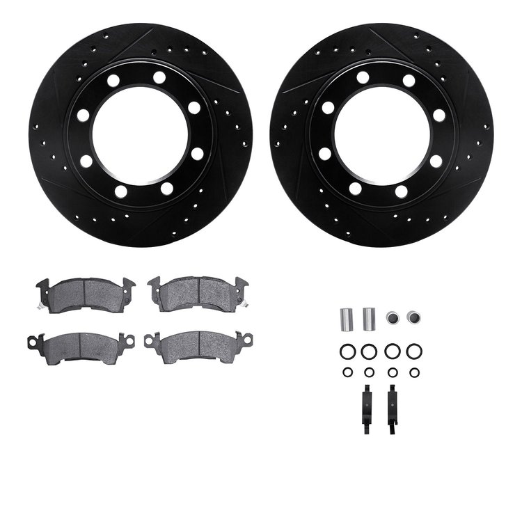 8312-48001 Drilled/Slotted Brake Rotors with 3000-Series Ceramic Brake Pads Kit & Hardware [Black], 1971-1973 GM, Position: Fron
