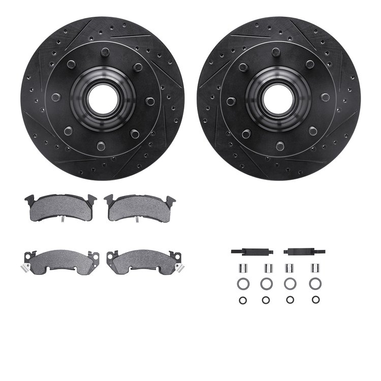 8312-48010 Drilled/Slotted Brake Rotors with 3000-Series Ceramic Brake Pads Kit & Hardware [Black], 1978-1993 GM, Position: Fron