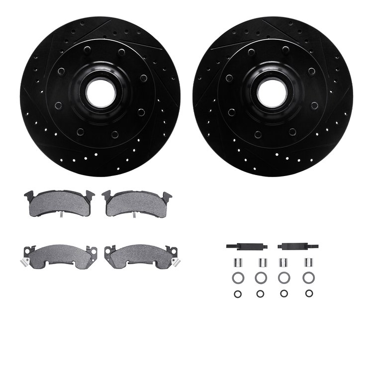 8312-48011 Drilled/Slotted Brake Rotors with 3000-Series Ceramic Brake Pads Kit & Hardware [Black], 1993-1995 GM, Position: Fron