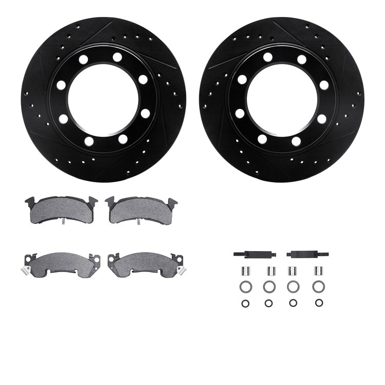 8312-48012 Drilled/Slotted Brake Rotors with 3000-Series Ceramic Brake Pads Kit & Hardware [Black], 1979-1991 GM, Position: Fron