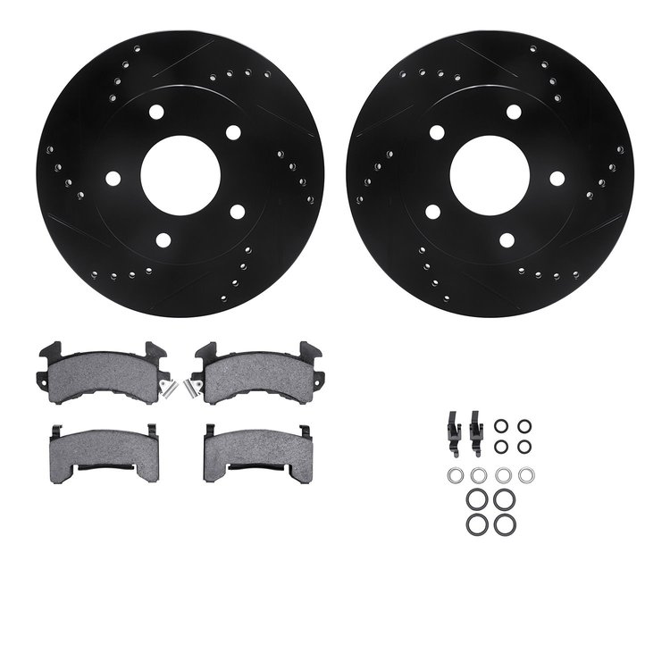 8312-48014 Drilled/Slotted Brake Rotors with 3000-Series Ceramic Brake Pads Kit & Hardware [Black], 1979-1998 GM, Position: Fron