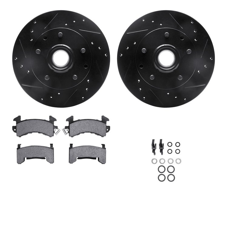 8312-48015 Drilled/Slotted Brake Rotors with 3000-Series Ceramic Brake Pads Kit & Hardware [Black], 1991-2003 GM, Position: Fron
