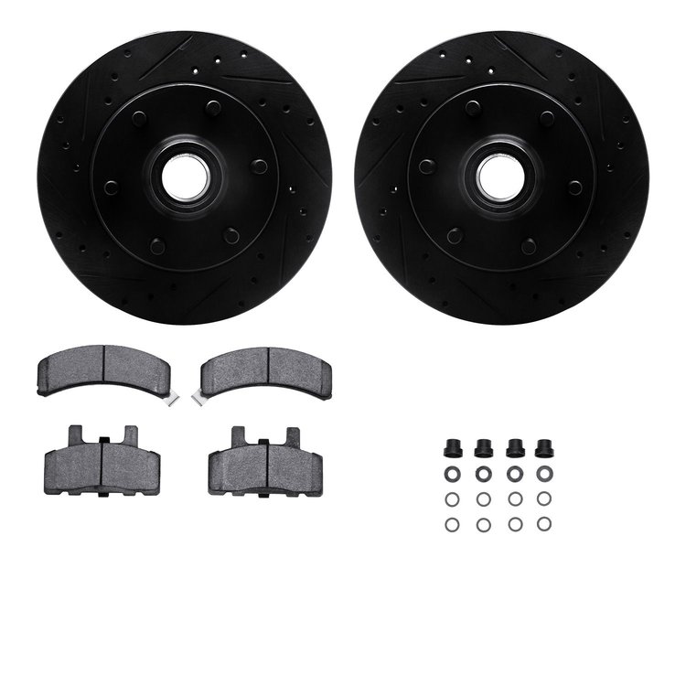 8312-48021 Drilled/Slotted Brake Rotors with 3000-Series Ceramic Brake Pads Kit & Hardware [Black], 1988-1996 GM, Position: Fron