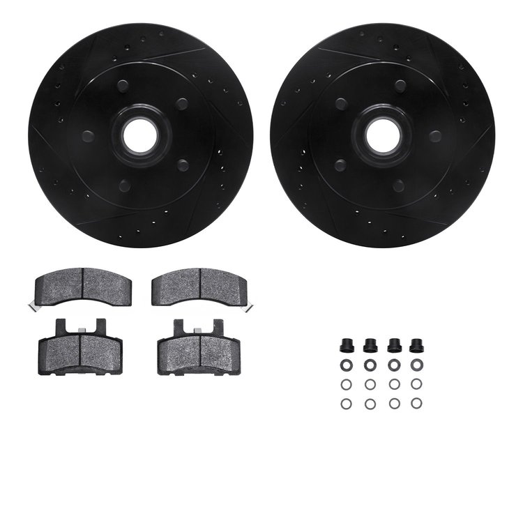 8312-48027 Drilled/Slotted Brake Rotors with 3000-Series Ceramic Brake Pads Kit & Hardware [Black], 1998-2000 GM, Position: Fron