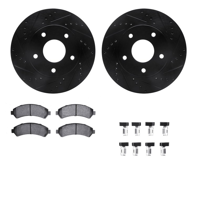 8312-48033 Drilled/Slotted Brake Rotors with 3000-Series Ceramic Brake Pads Kit & Hardware [Black], 1997-2005 GM, Position: Fron