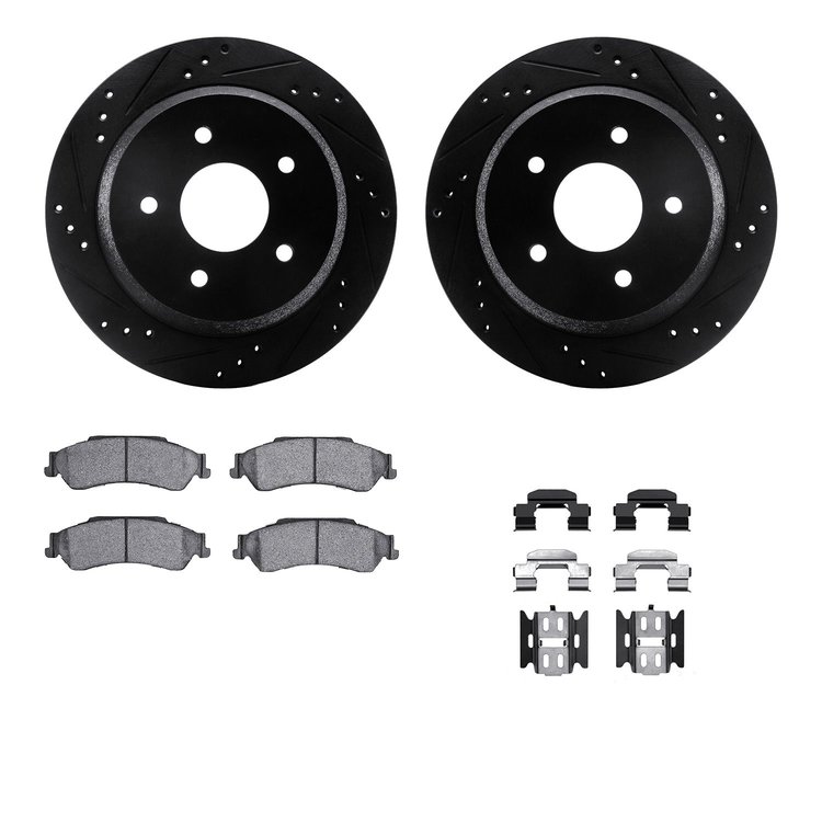 8312-48035 Drilled/Slotted Brake Rotors with 3000-Series Ceramic Brake Pads Kit & Hardware [Black], 1998-2005 GM, Position: Rear