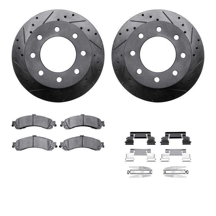 8312-48045 Drilled/Slotted Brake Rotors with 3000-Series Ceramic Brake Pads Kit & Hardware [Black], 2005-2005 GM, Position: Rear