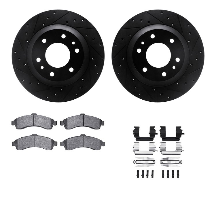 8312-48046 Drilled/Slotted Brake Rotors with 3000-Series Ceramic Brake Pads Kit & Hardware [Black], 2002-2005 GM, Position: Fron