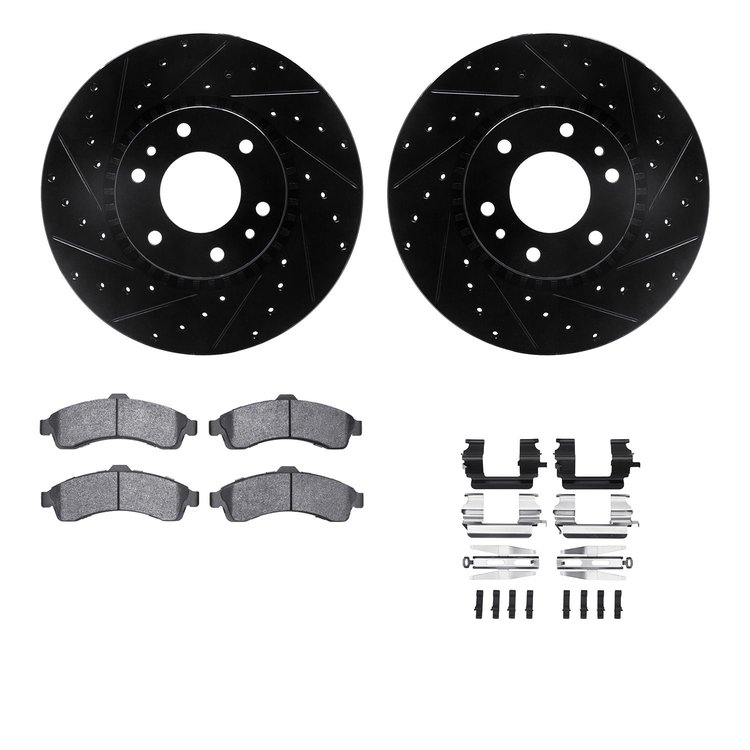 8312-48047 Drilled/Slotted Brake Rotors with 3000-Series Ceramic Brake Pads Kit & Hardware [Black], 2002-2005 GM, Position: Fron