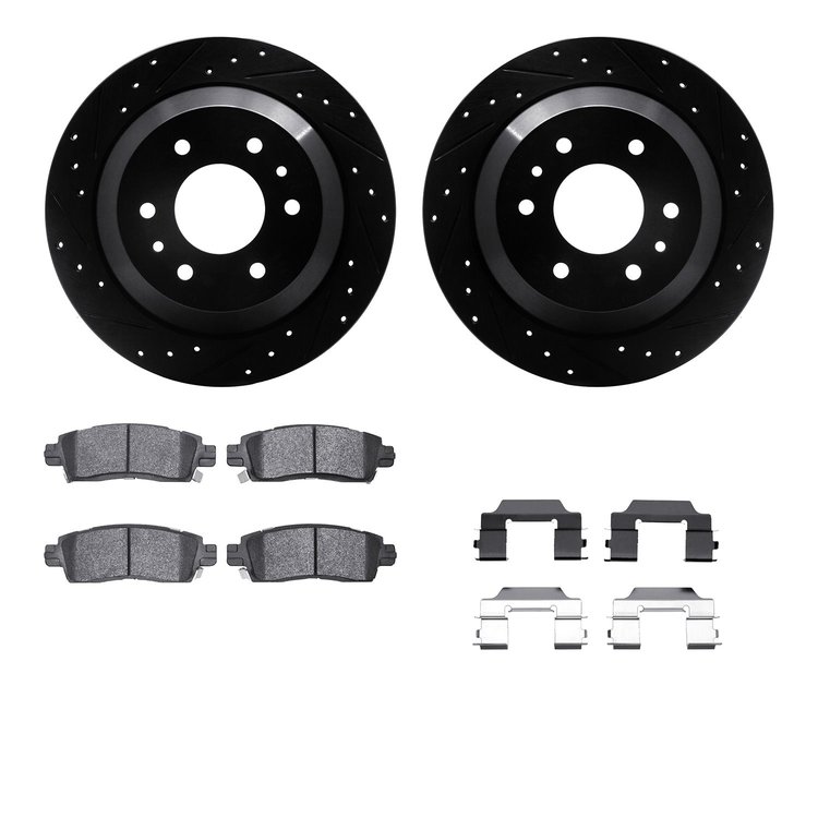 8312-48048 Drilled/Slotted Brake Rotors with 3000-Series Ceramic Brake Pads Kit & Hardware [Black], 2002-2009 GM, Position: Rear