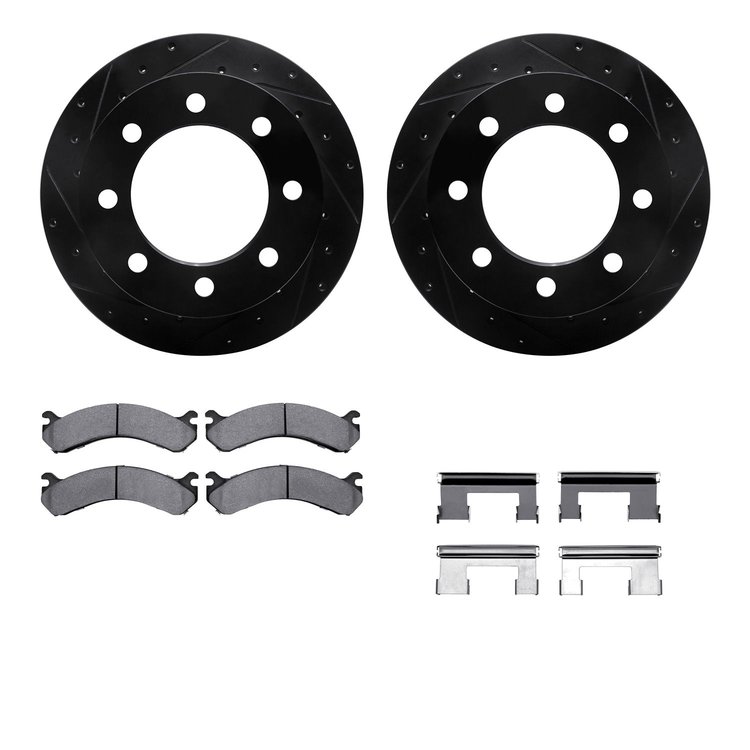 8312-48050 Drilled/Slotted Brake Rotors with 3000-Series Ceramic Brake Pads Kit & Hardware [Black], 2001-2010 GM, Position: Rear