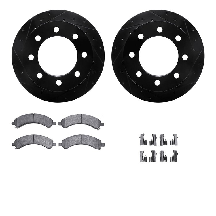 8312-48055 Drilled/Slotted Brake Rotors with 3000-Series Ceramic Brake Pads Kit & Hardware [Black], 2003-2008 GM, Position: Rear