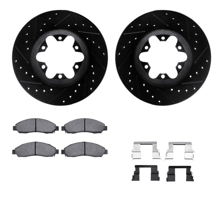 8312-48056 Drilled/Slotted Brake Rotors with 3000-Series Ceramic Brake Pads Kit & Hardware [Black], 2004-2008 GM, Position: Fron