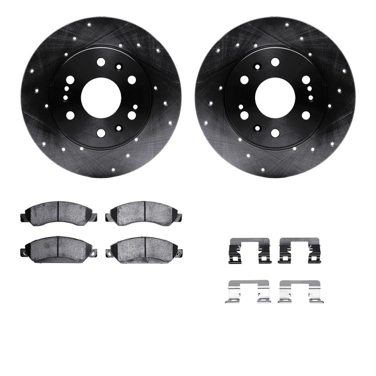 8312-48057 Drilled/Slotted Brake Rotors with 3000-Series Ceramic Brake Pads Kit & Hardware [Black], 2005-2008 GM, Position: Fron