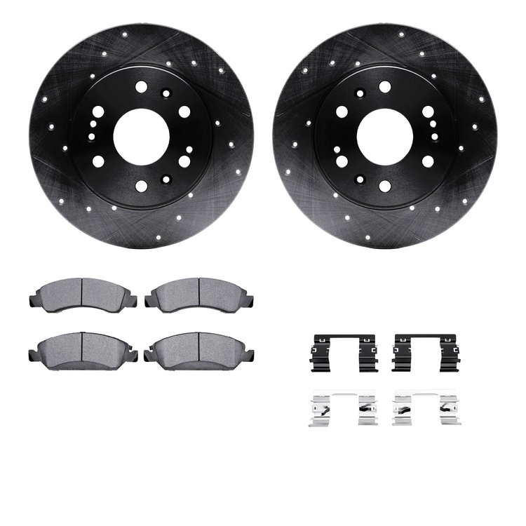 8312-48065 Drilled/Slotted Brake Rotors with 3000-Series Ceramic Brake Pads Kit & Hardware [Black], 2005-2020 GM, Position: Fron