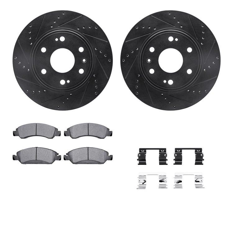 8312-48066 Drilled/Slotted Brake Rotors with 3000-Series Ceramic Brake Pads Kit & Hardware [Black], 2009-2020 GM, Position: Fron