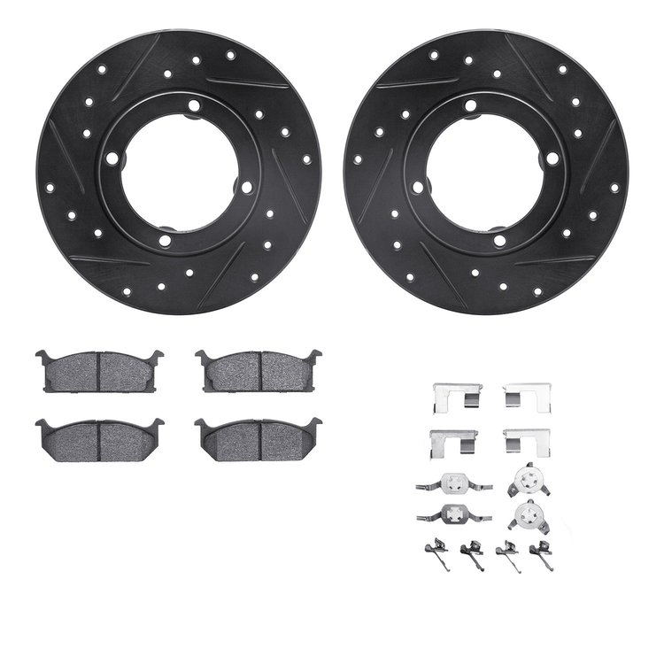 8312-50001 Drilled/Slotted Brake Rotors with 3000-Series Ceramic Brake Pads Kit & Hardware [Black], 1985-1988 Multiple Makes/Mod