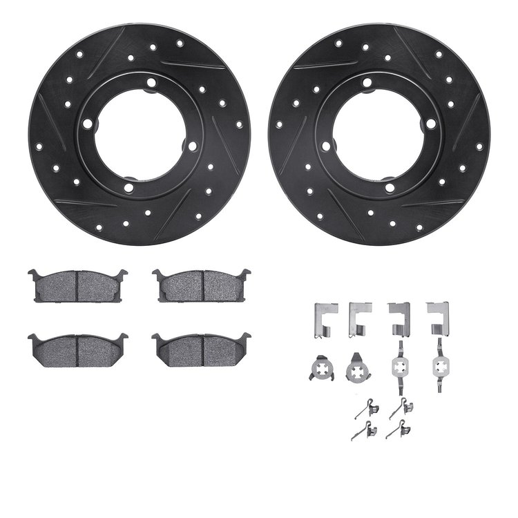 8312-50002 Drilled/Slotted Brake Rotors with 3000-Series Ceramic Brake Pads Kit & Hardware [Black], 1989-1994 GM, Position: Fron