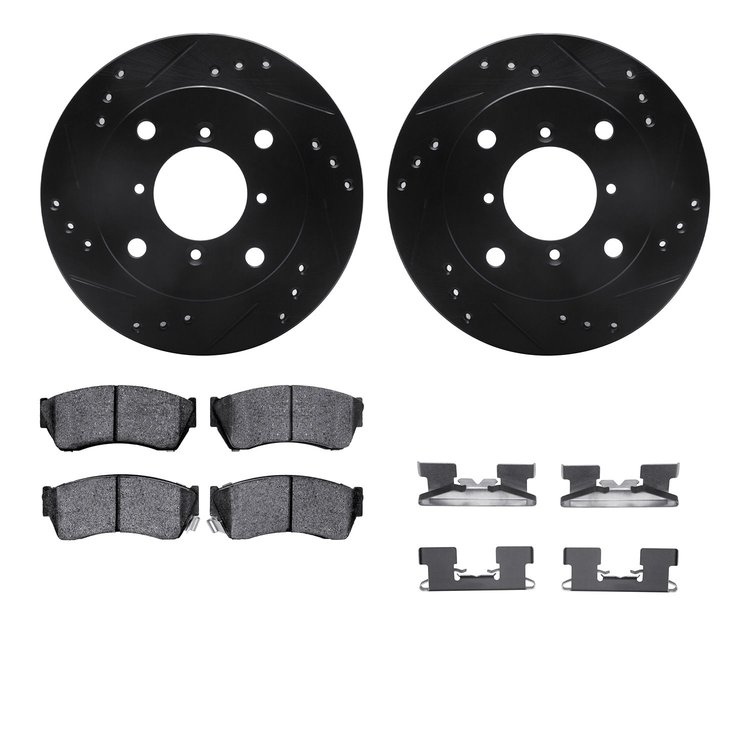 8312-50003 Drilled/Slotted Brake Rotors with 3000-Series Ceramic Brake Pads Kit & Hardware [Black], 1989-2001 GM, Position: Fron