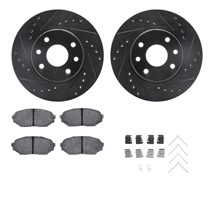 8312-50004 Drilled/Slotted Brake Rotors with 3000-Series Ceramic Brake Pads Kit & Hardware [Black], 1989-1993 GM, Position: Fron