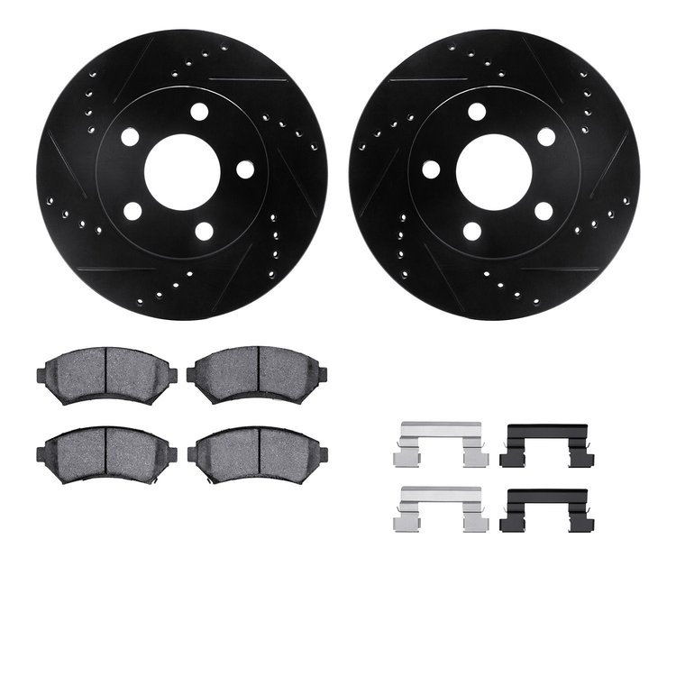 8312-52010 Drilled/Slotted Brake Rotors with 3000-Series Ceramic Brake Pads Kit & Hardware [Black], 1997-2005 GM, Position: Fron
